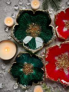 ชามดอกไม้เรซิ่นสีแดงและสีเขียว, จานอีพ็อกซี่ตกแต่ง, เม็ดสีเรซิ่นอีพ็อกซี่, ทองคำเปลว - Product Image 2