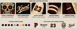 Chaqueta Varsity Personalizada XPERT con Bordado, para Hombre, Mezcla de Lana, Mangas de Cuero, Diseño de Calavera, Cuello Camisero, Estilo Preppy - Product Image 3