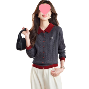 Women's Knitted <b>Cardigan</b> With Contrast Collar Full Sleeve Solid Color Button Front Top Classic Autumn Style - Product Image 1