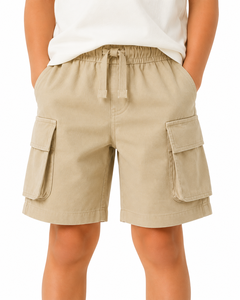 Shorts cargo décontractés pour garçons, vêtements d'été pour enfants, shorts en coton doux à taille élastique avec cordon de serrage, confortables, couleur beige - Product Image 1