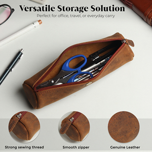 WRIZA Handcrafted Genuine Leather Solid <b>Medium</b> Vintage Brown Zipper Pen Pencil <b>Case</b> Daily Use Stationery Organizer for Office - Product Image 5