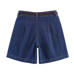 Shorts en jean plissés bleu foncé à jambes larges, taille haute avec ceinture, pour femme, tenue d'été tendance - Product Image 2