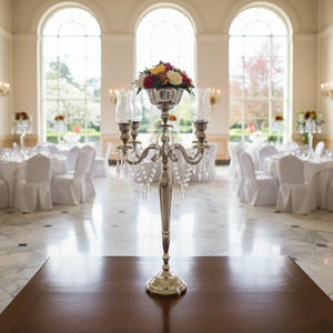 Candélabre vintage en métal et cristal avec coupelle à fleurs, finition brillante, centre de table de mariage, candélabre fait main avec photophore en verre - Product Image 4