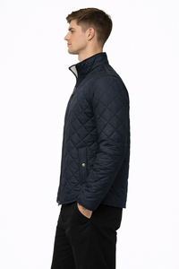 <b>Men</b> <b>Navy</b> Blue <b>Quilted</b> Winter <b>Jacket</b> Lightweight Diamond Pattern Puffer Coat Full Zip High Neck Casual Warm Outerwear - Product Image 2