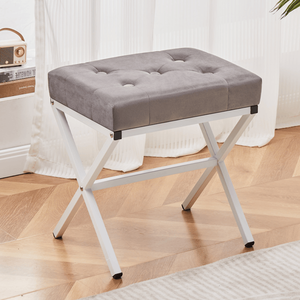 Poggiapiedi Ottomano con Cuscino Spesso Trapuntato, Panca Vanity con Gambe a X in Metallo, Sgabello per Cambio Scarpe - Product Image 1