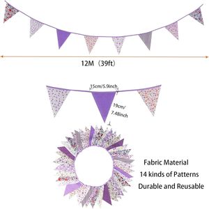 Guirlande de fanions en coton vintage à motifs floraux violets de 39 pieds, décorations rustiques pour mariage et fête avec drapeaux et guirlande - Product Image 4