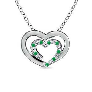 14K <b>Solid</b> <b>Gold</b> Natural Emerald Diamond Double Heart <b>Pendant</b> Necklace May Birthstone Anniversary Wedding Fine Jewellery - Product Image 1