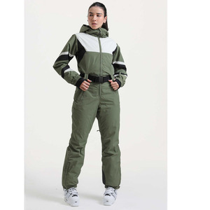 Custom <b>Women</b> <b>One</b> <b>Piece</b> <b>Ski</b> <b>Suit</b> Waterproof Windproof Olive Green Color Block Snowboard Jumpsuit with Hood and Belt - Product Image 5