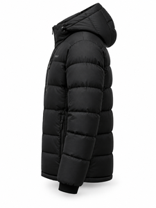 Chaqueta Acolchada con Capucha para Hombre, Negra, Cálida, Cortavientos, con Cierre Frontal, Color Sólido, Relleno de Poliéster, Corte Regular, Estilo Deportivo - Product Image 3