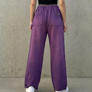 Custom Sun Faded Vintage Washed 100% Cotton Terry Distressed Straight Leg Baggy Side Rhinestone Sweatpants Men with <b>String</b> - Product Image 4