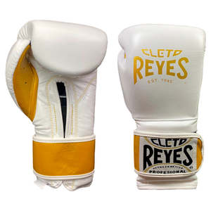 Cleto Reyes <b>White</b>/Yellow Professional <b>Boxing</b> <b>Gloves</b> Genuine For Sparring Training Hook and Loop Closure - Product Image 2