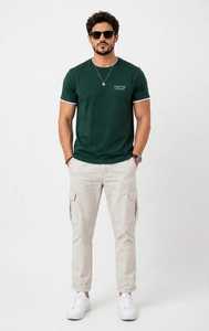 T-shirt à manches courtes pour homme, vert foncé, col rond, avec bordure blanche contrastée - Product Image 6