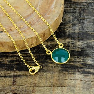 Collar de Piedras Preciosas de Ónix Verde Natural en Forma Redonda, Cadena de Plata de Ley 925 con Micras de Oro de 18k - Product Image 3