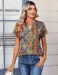 Top bohemio con cuello redondo y manga corta para mujer, estampado con diseño de animales/leopardo/logotipo liso, ropa informal de primavera y verano - Product Image 2