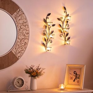 Juego de 2 Portavelas de Pared de Metal Negro Antiguo con Copas de Vidrio para Velas de Té, Decorativas para la Sala de Estar - Product Image 2