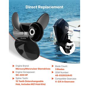 Elica Fuoribordo in Alluminio a 15 Denti (Upgrade OEM) per Motori Mercury/Mariner 90-400 HP, 4-3/4 Pollici - Product Image 2