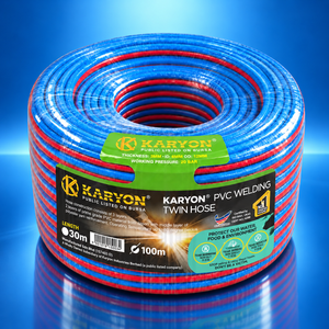 สายเชื่อม PVC ยี่ห้อ KARYON แบบสองสาย ขนาดเส้นผ่านศูนย์กลางภายใน 6 มม. เส้นผ่านศูนย์กลางภายนอก 12 มม. รับแรงดัน 20 บาร์ สีแดงน้ำเงิน เสริมแรง สำหรับส่งออกอุตสาหกรรมไปยังสหรัฐอเมริกา สหราชอาณาจักร มาเลเซีย เอเชีย - Product Image 1