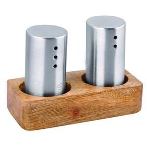 Salière et poivrière en acier inoxydable avec un support en bois - Product Image 1