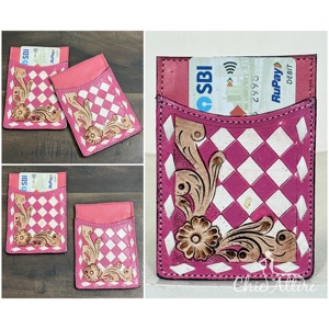 Porte-cartes de crédit en cuir véritable façonné à la main avec motif à carreaux, portefeuille fin et élégant pour femmes, options multicolores - Product Image 1