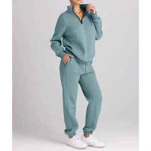 Women Purple Cotton Tracksuit Set Full Length Sweatpants Half-Zip Hoodie Casual Loose Fit Autumn Solid Color Breathable - Product Image 3