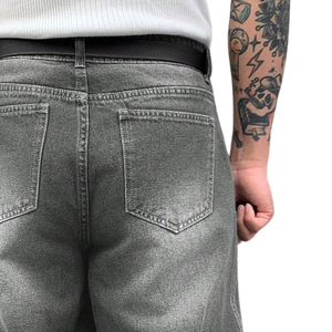 Jean en denim délavé noir et gris pour homme, coupe ample, style décontracté, jambe droite, vintage, streetwear, pantalon tendance pour tous les jours - Product Image 4