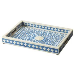 Plateau bleu artisanal en nacre incrustée, style vintage, mosaïque florale, plateau de service en os incrusté pour la maison, l'hôtel, la décoration ottomane - Product Image 1