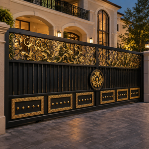 Portail coulissant de luxe noir et or à motifs roulés, portail de sécurité moderne pour entrée principale de villa, design décoratif en fer pour la maison - Product Image 3
