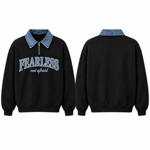 Sweat-shirt noir demi-zippé pour homme avec col rabattu en jean et appliqué lettres, pull décontracté - Product Image 1