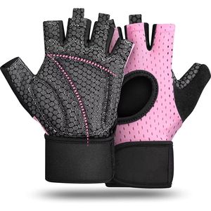 <b>Half</b> Finger Gym Fitness Gloves Mesh Breathable Non <b>Slip</b> Adjustable Wrist Strap Unisex Pink Black Fitness Gloves For Sale - Product Image 5