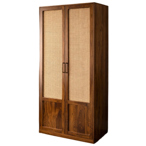 Armoire Palma à 2 portes en teck massif avec cannage en rotin naturel, finition naturelle - Product Image 1