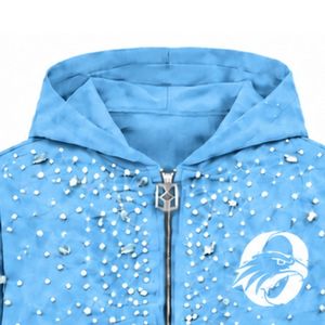 Sweat-shirt à capuche personnalisé bleu ciel avec fermeture éclair, décoré de perles, veste streetwear à manches longues avec poches avant - Product Image 3