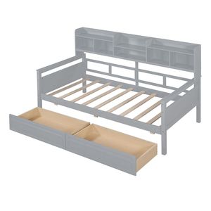 Divano letto singolo grigio con supporto a doghe in legno e mensole laterali, due cassetti - Product Image 5