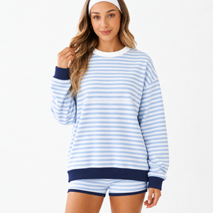 Compre un conjunto de sudadera informal premium para mujer, suéter a rayas de manga larga con pantalones cortos a juego para mujer, corte holgado. - Product Image 5