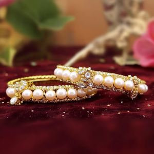 24K Gold Plated <b>Copper</b> Antique Style Kada <b>Bangles</b> with Zircon and Pearl - Product Image 2