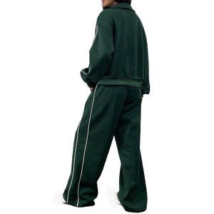 Ensemble de survêtement zippé pour femme avec veste à passepoil contrastant et pantalon large, coupe décontractée, vêtements de sport athlétiques, approvisionnement en gros OEM - Product Image 3