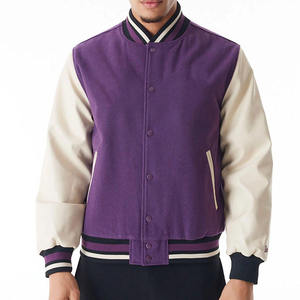 Premium Unisex Purple White Varsity <b>Jacket</b> With Wool Blend Body Faux Leather Sleeves Rib Knit Collar Cuffs - Product Image 1