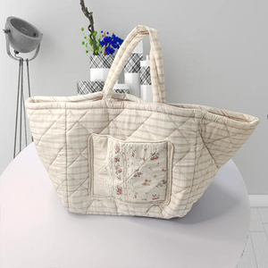 Large Capacity Quilted Cotton Shoulder Tote Bag Women Portable Bag Travel Handbag Handcrafted Tote Bags - Product Image 1