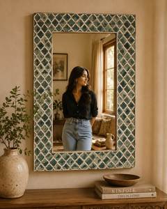 Miroir mural de luxe moderne de haute qualité avec incrustation d'os, motif rond, rayures bleues et blanches, cadre de meuble, décoration murale unique pour salon - Product Image 2