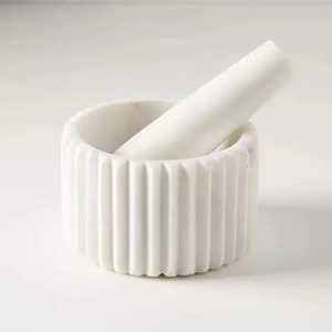 Ensemble mortier et pilon en marbre blanc de luxe, à nervures, moderne, en pierre, pour épices, broyeur manuel d'herbes, presse-ail, ustensiles de cuisine - Product Image 1