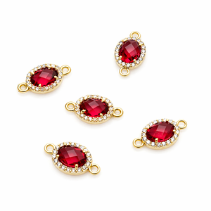 Conector de Colgante Ovalado de Turmalina Rosa al por Mayor 7x5mm con Engaste de Oro y Circonitas Pavé de Doble Aro para Fabricación de Pulseras y Collares - Product Image 1