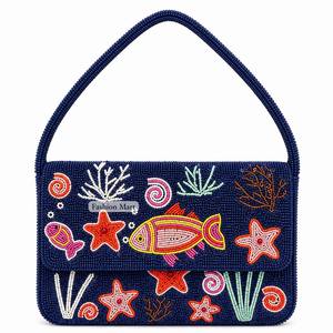 Sac à bandoulière à rabat perlé motif poissons et étoiles de mer, fait main, élégant, pour soirées et fêtes - Product Image 1