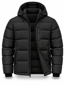 Chaqueta Acolchada con Capucha para Hombre, Negra, Cálida, Cortavientos, Informal, con Cierre Frontal, Relleno de Fibra de Poliéster Gruesa, Corte Regular - Product Image 4