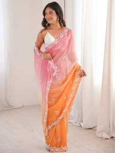 Sari en mousseline de soie de designer Bollywood pour femme KV, brodé et orné, sans plis, réversible, avec chemisier non cousu (rose) - Product Image 1