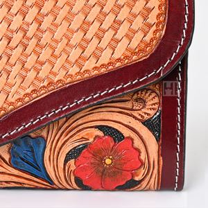 Custom Handmade Vintage Cowhide Leather Trifold <b>Wallet</b> <b>RFID</b> Floral Tassel Long Clutch for Women - Product Image 2