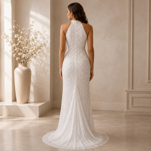 Luxury White Beaded Mermaid Evening Gown for Women High Neck Sleeveless Formal Wedding Reception Bridal Party Prom Maxi Dress - Product Image 4