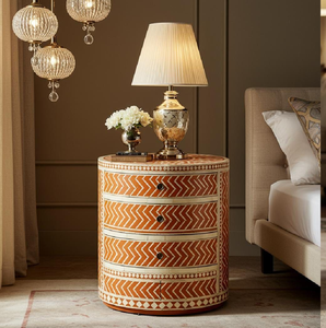 Mesa decorativa con incrustaciones de hueso amarillo disponible a precios de mayorista. Mesa moderna con diseño floral geométrico disponible a precios de mayorista. - Product Image 5