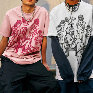 Camiseta Oversize Rosa de Algodón Jersey con Cuello Redondo y Manga Corta, Estilo Urbano con Estampado, Ajuste Casual para Hombre - Product Image 2