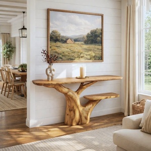 Table console en bois massif artisanale moderne, table d'entrée unique, couleur noyer naturel, table console pour salon, couloir - Product Image 6