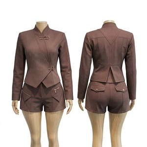 Women's Green 2 Piece Shorts Set Hooded <b>Blazer</b> Top with Pockets Short Sleeve Solid Autumn Office Outfit - Product Image 3