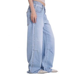 Vaqueros de mezclilla de cintura alta y pierna ancha para mujer, estilo casual, holgados, de algodón lavado a la piedra, estilo vintage, largos, con detalles de remaches, azules. - Product Image 3